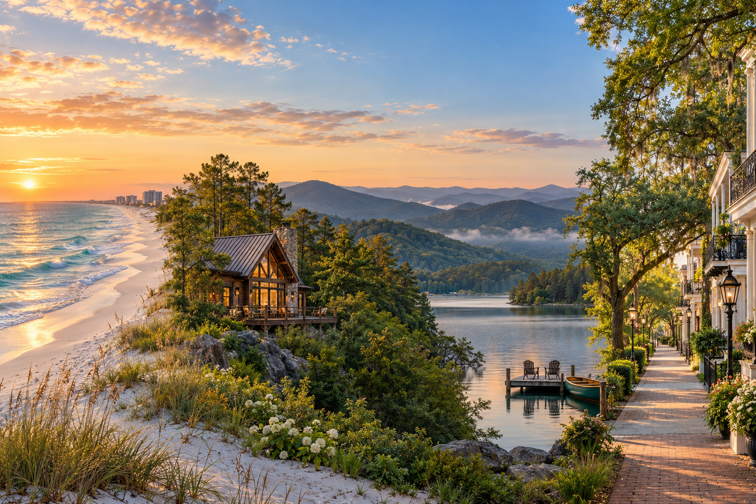 A panorama of beach, mountain, lake and city getaway scenery